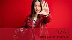  Presentation with motorcycle - Slide deck having young-beautiful-brunette-motorcyclist-woman background and a crimson colored foreground