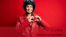  Presentation with heart hands - Beautiful PPT theme featuring young-beautiful-brunette-motorcyclist-woman backdrop and a crimson colored foreground