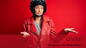  Presentation with motorcycle - Colorful slide set enhanced with young-beautiful-brunette-motorcyclist-woman backdrop and a crimson colored foreground