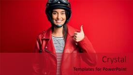  Presentation with motorcycle - Presentation theme consisting of young-beautiful-brunette-motorcyclist-woman background and a crimson colored foreground