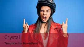  Presentation with rock star - Amazing PPT theme having young-beautiful-brunette-motorcycliste-woman backdrop and a crimson colored foreground