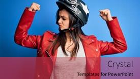  Presentation with motorcycle - Theme enhanced with young-beautiful-brunette-motorcycliste-woman background and a red colored foreground