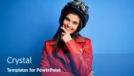  Presentation with motorcycle - Presentation design having young-beautiful-brunette-motorcycliste-woman background and a ocean colored foreground