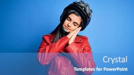  Presentation with motorcycle - PPT theme featuring young-beautiful-brunette-motorcycliste-woman background and a teal colored foreground