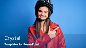  Presentation with cheerful - Slide deck enhanced with young-beautiful-brunette-motorcycliste-woman background and a ocean colored foreground