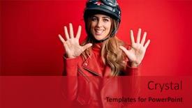  Presentation with moto - Slide set with young-beautiful-brunette-motrocyclist-woman background and a crimson colored foreground