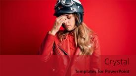  Presentation with moto - Slide set enhanced with young-beautiful-brunette-motrocyclist-woman background and a crimson colored foreground