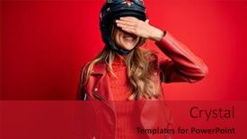  Presentation with moto - Presentation theme with young-beautiful-brunette-motrocyclist-woman background and a crimson colored foreground