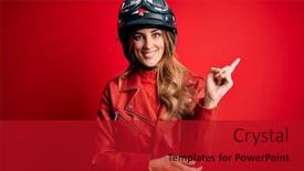  Presentation with moto - Beautiful slide deck featuring young-beautiful-brunette-motrocyclist-woman backdrop and a crimson colored foreground