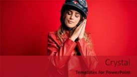  Presentation with moto - Amazing slides having young-beautiful-brunette-motrocyclist-woman backdrop and a crimson colored foreground