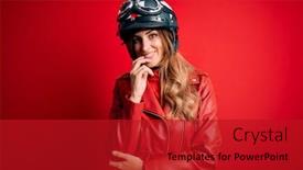  Presentation with moto - Beautiful slide set featuring young-beautiful-brunette-motrocyclist-woman backdrop and a crimson colored foreground