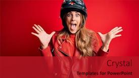  Presentation with moto - Presentation design with young-beautiful-brunette-motrocyclist-woman background and a crimson colored foreground