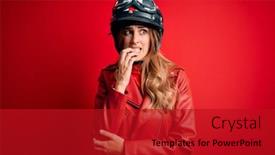  Presentation with moto - Presentation design with young-beautiful-brunette-motrocyclist-woman background and a crimson colored foreground