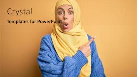  Presentation with woman muslim - Colorful presentation design enhanced with young-beautiful-brunette-muslim-woman backdrop and a yellow colored foreground