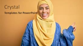  Presentation with hijab - Slide set enhanced with young-beautiful-brunette-muslim-woman background and a yellow colored foreground
