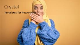  Presentation with woman muslim - Cool new presentation theme with young-beautiful-brunette-muslim-woman backdrop and a yellow colored foreground