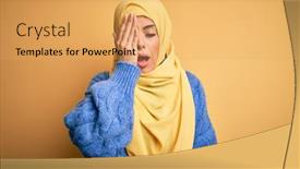  Presentation with woman muslim - Slide set featuring young-beautiful-brunette-muslim-woman background and a yellow colored foreground