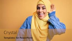  Presentation with woman muslim - Cool new presentation theme with young-beautiful-brunette-muslim-woman backdrop and a gold colored foreground