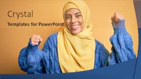  Presentation with arab music - Slide deck having young-beautiful-brunette-muslim-woman background and a yellow colored foreground