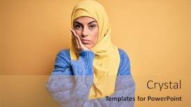  Presentation with woman muslim - Colorful presentation enhanced with young-beautiful-brunette-muslim-woman backdrop and a yellow colored foreground