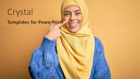  Presentation with woman muslim - Presentation theme enhanced with young-beautiful-brunette-muslim-woman background and a yellow colored foreground