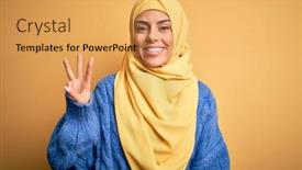  Presentation with hijab - PPT theme consisting of young-beautiful-brunette-muslim-woman background and a yellow colored foreground