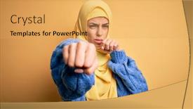  Presentation with violence woman - Beautiful presentation featuring young-beautiful-brunette-muslim-woman backdrop and a yellow colored foreground