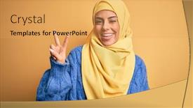  Presentation with hijab - Presentation design having young-beautiful-brunette-muslim-woman background and a yellow colored foreground
