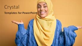  Presentation with woman muslim - Presentation design with young-beautiful-brunette-muslim-woman background and a yellow colored foreground