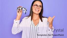  Presentation with optometry - Colorful presentation theme enhanced with young-beautiful-brunette-oculist-woman backdrop and a light blue colored foreground