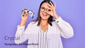  Presentation with optometry - Amazing presentation theme having young-beautiful-brunette-oculist-woman backdrop and a light blue colored foreground