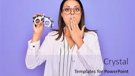  Presentation with optometry - Audience pleasing presentation theme consisting of young-beautiful-brunette-oculist-woman backdrop and a light blue colored foreground