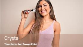  Presentation with optical - Cool new PPT layouts with young-beautiful-brunette-optical-woman backdrop and a coral colored foreground