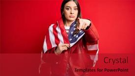  Presentation with united states flag - PPT layouts consisting of young-beautiful-brunette-patriotic-woman background and a crimson colored foreground
