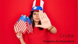  Presentation with patriotic usa - Beautiful PPT theme featuring young-beautiful-brunette-patriotic-woman backdrop and a red colored foreground