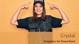  Presentation with great idea - PPT layouts with young-beautiful-brunette-policewoman-wearing background and a yellow colored foreground