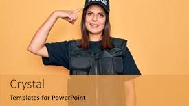  Presentation with thought - Slide set enhanced with young-beautiful-brunette-policewoman-wearing background and a yellow colored foreground