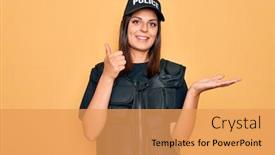  Presentation with hand palm - Amazing presentation having young-beautiful-brunette-policewoman-wearing backdrop and a yellow colored foreground