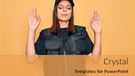  Presentation with meditation - Presentation design enhanced with young-beautiful-brunette-policewoman-wearing background and a yellow colored foreground