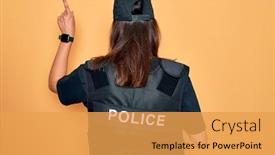 Presentation with police - Presentation theme consisting of young-beautiful-brunette-policewoman-wearing background and a yellow colored foreground
