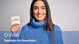  Presentation with confident love - Amazing PPT theme having young-beautiful-brunette-romantic-woman backdrop and a teal colored foreground