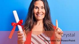  Presentation with diploma - Amazing slides having young-beautiful-brunette-smart-woman backdrop and a red colored foreground
