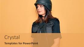  Presentation with security - Slide set having young-beautiful-brunette-soldier-woman background and a yellow colored foreground