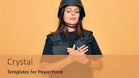  Presentation with health security - Presentation design with young-beautiful-brunette-soldier-woman background and a yellow colored foreground