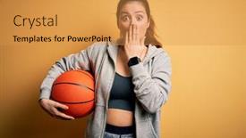  Presentation with shame - Cool new slide deck with young-beautiful-brunette-sportswoman-holding backdrop and a gold colored foreground