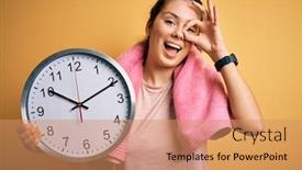  Presentation with clock countdown - Audience pleasing slide deck consisting of young-beautiful-brunette-sportswoman-wearing backdrop and a coral colored foreground