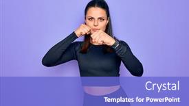  Presentation with violence woman - Presentation design consisting of young-beautiful-brunette-sporty-woman background and a cobalt blue colored foreground