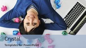  Presentation with solutions - Presentation having young beautiful brunette student woman working on laptop computer and finding solutions background and a light blue colored foreground