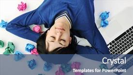  Presentation with solutions - Audience pleasing presentation theme consisting of young beautiful brunette student woman working on laptop computer and finding solutions backdrop and a ocean colored foreground