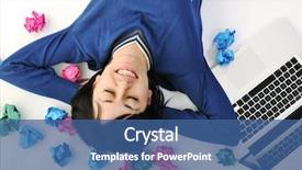  Presentation with solutions - PPT theme featuring young beautiful brunette student woman working on laptop computer and finding solutions background and a ocean colored foreground